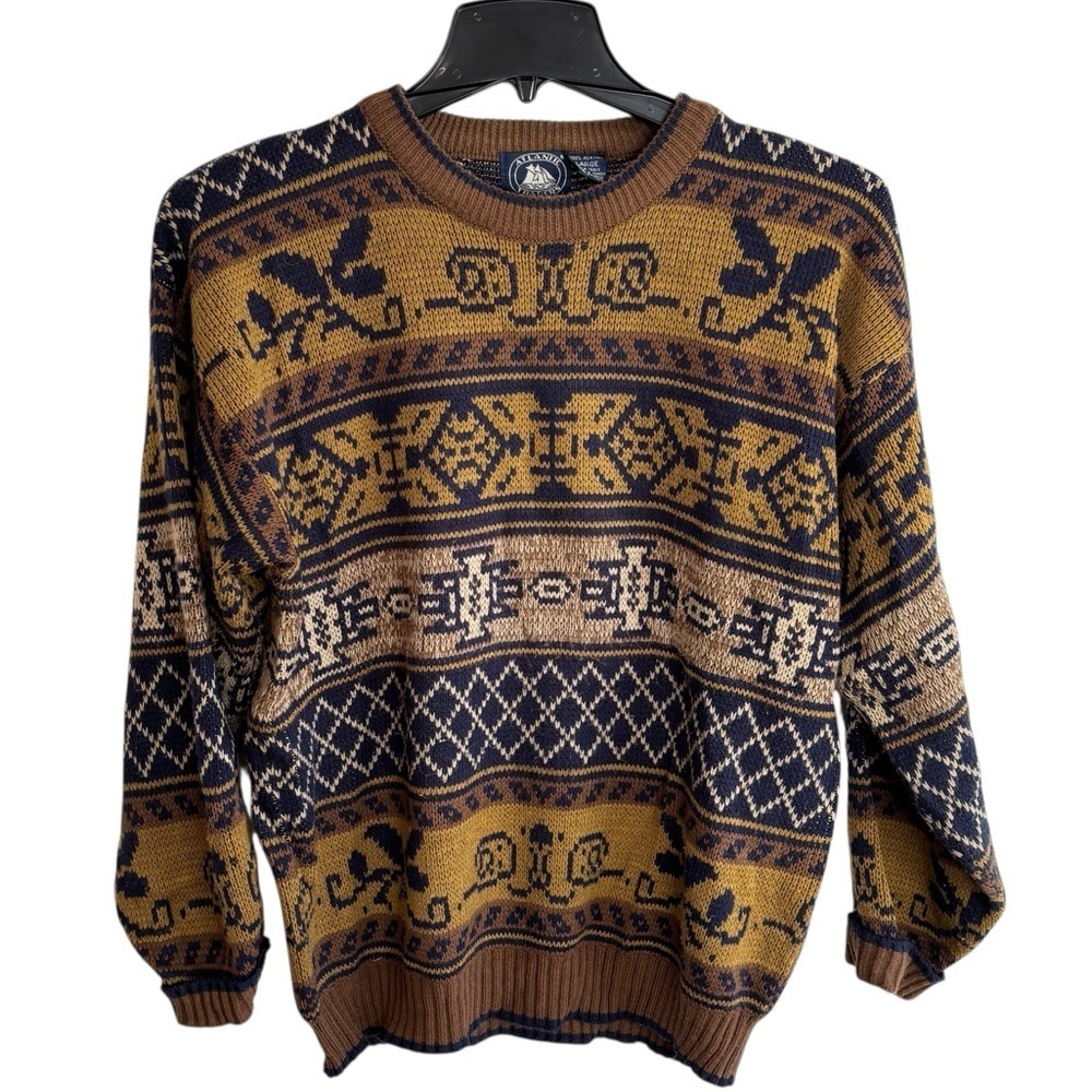 VTG Atlantic Traders Sweater Mens Large Fair Isle Nordic Knit Pullover Brown 80s